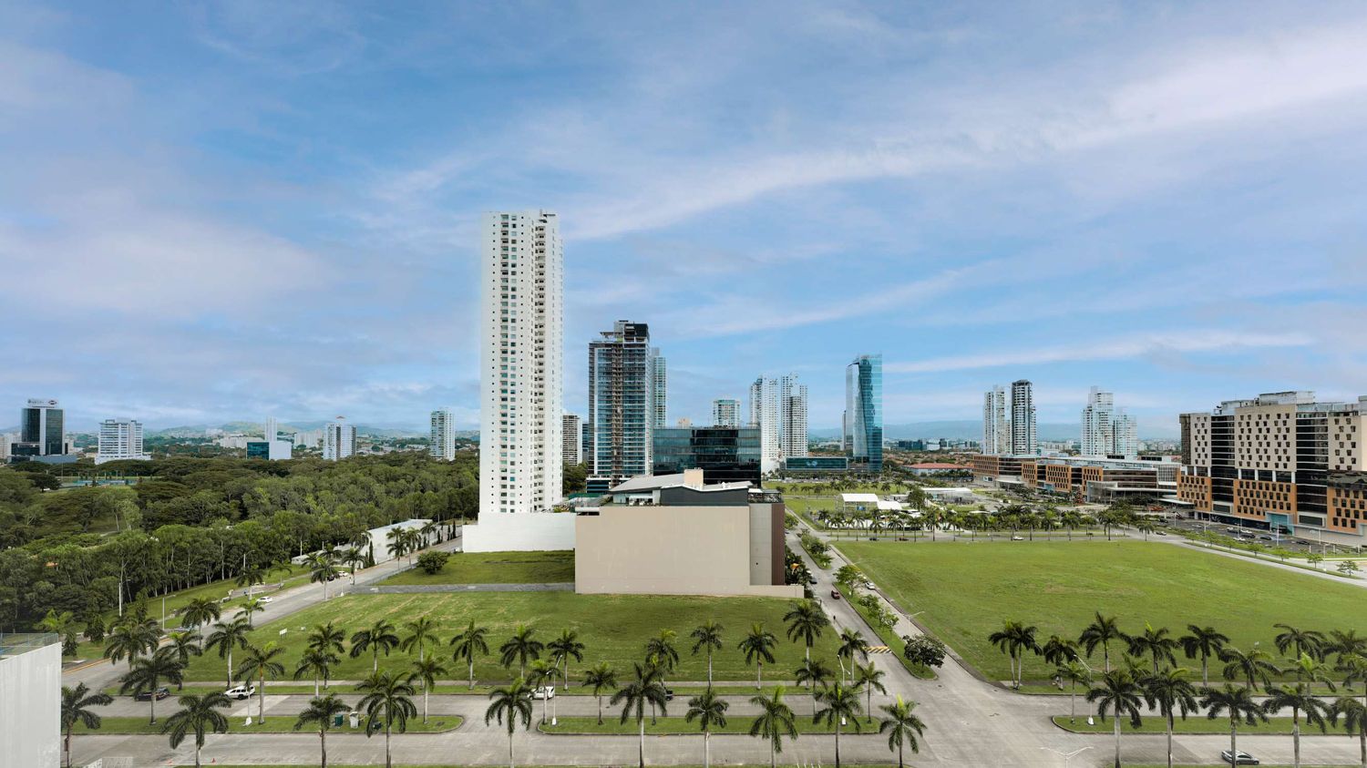 Aerial view of Costa del Este and the Panama City coastline